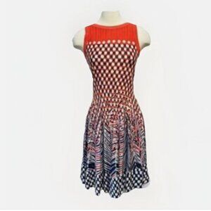 Nic + Zoe Womens Sleeveless Knit Dress Fit & Flare Coral Blue Print Size Small